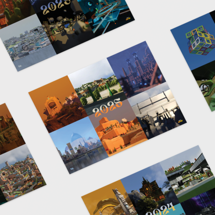 A 5-card grid layout showing different Trackmania RPG maps on vintage-style postcards, with a unique year prominently displayed in an artistic, stylized font in the center of each card.